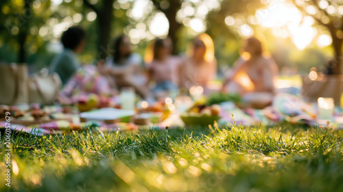Blurred wellness picnic gathering on green grass with friends, fruit, candles, golden sunlight, and relaxing summer background