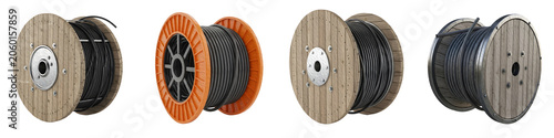 Fotografía Wooden and Plastic Cable Spools Set: Industrial Wire Reels, Electric Extension C