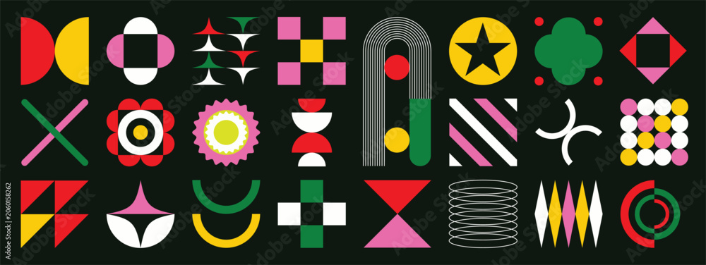 Naklejka premium Abstract geometric vector elements set. Colorful modernist shapes and retro symbols on dark background for poster, cover, textile and graphic design.