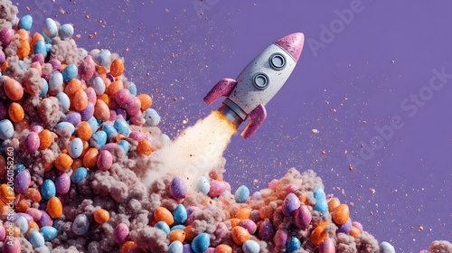 Playful Rocket Launch Surrounded by Colorful Candy and Dust Explosions