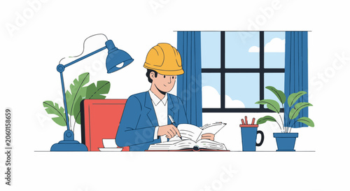 A man in a yellow hard hat reads a book at a desk with a lamp, plants, and window