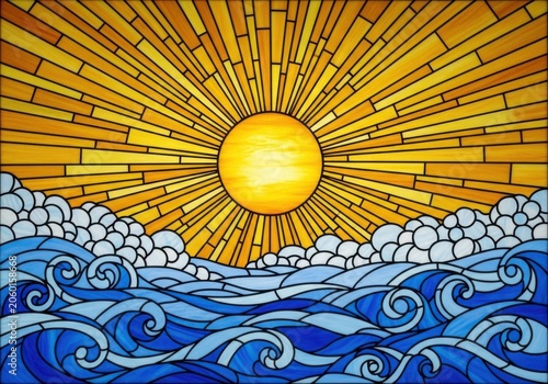 Stained glass sun rising over stylized ocean waves in mosaic design