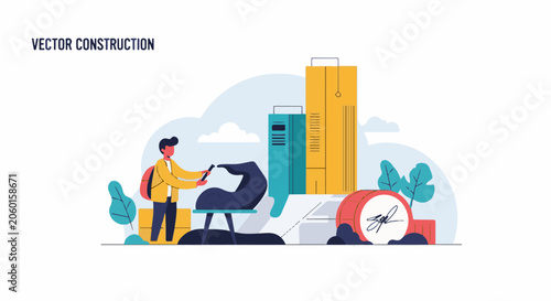 A man in a yellow jacket uses a tool on a sculpture on a table surrounded by industrial and natural elements