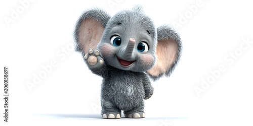 Cute Cartoon Baby Elephant Character Waving Hand with Large Ears and Smiling Expression