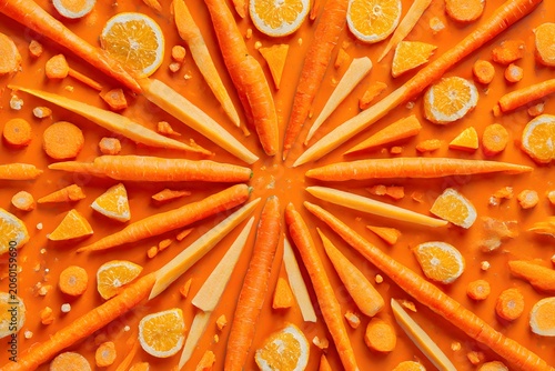Assorted fresh carrots and orange slices arranged in radial pattern for healthy food presentation