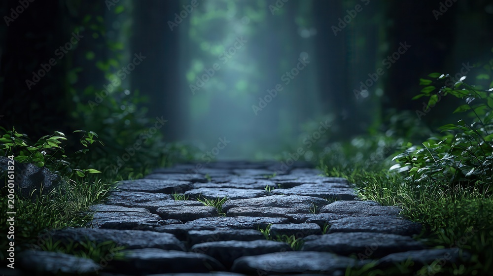 Fototapeta premium Mist drifting across old stone path, mystical forest canopy glowing above