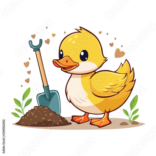 Cartoon duck holding egg with plants and watering can