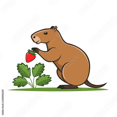 Cartoon rooster holding strawberry and leaf