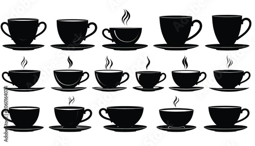 Black coffee cups on saucers.