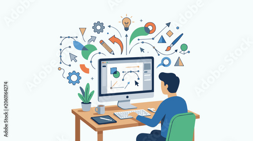 A man in blue working at a computer with graphs floating above