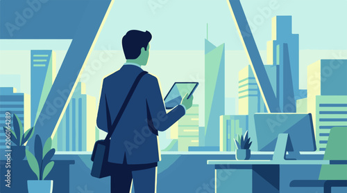 A man in business attire holds a tablet, overlooking a cityscape from an office
