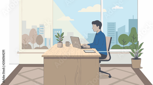 A man in blue shirt works on laptop at desk by window