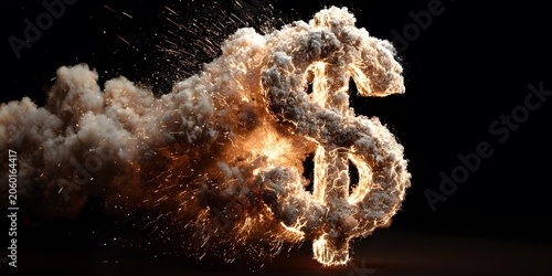 Exploding dollar sign with fire and smoke in dark background