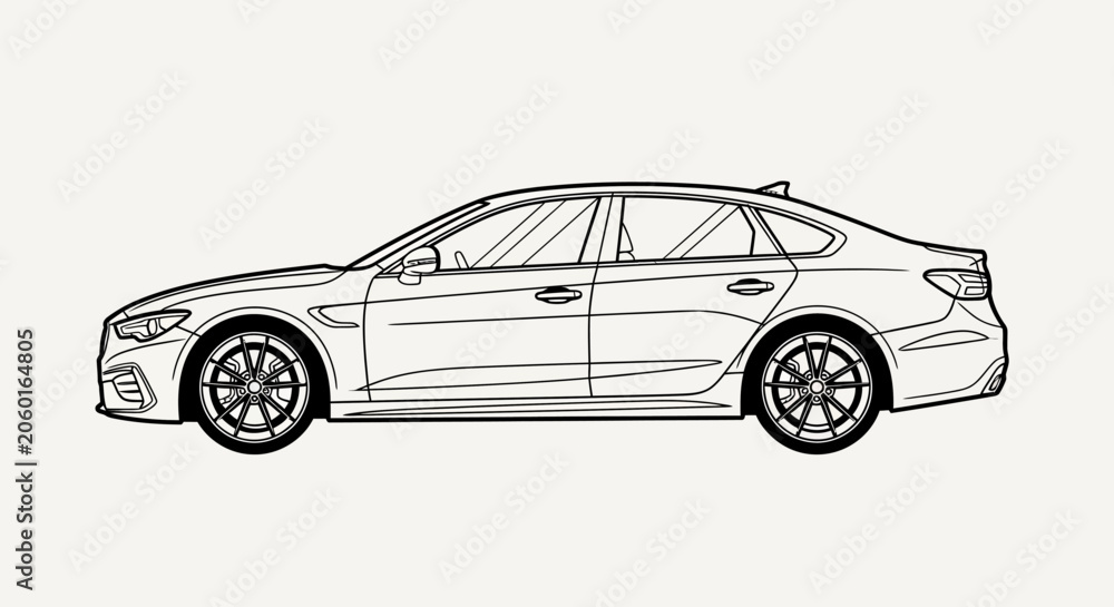 Naklejka premium Black and white line art drawing of a modern luxury sedan car viewed from the side profile view