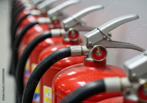 Row of red fire extinguishers in a line