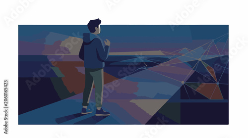 A man in casual clothes stands on a cliffside looking out