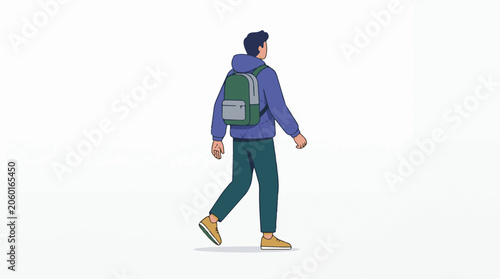 A man in casual wear walks with a backpack