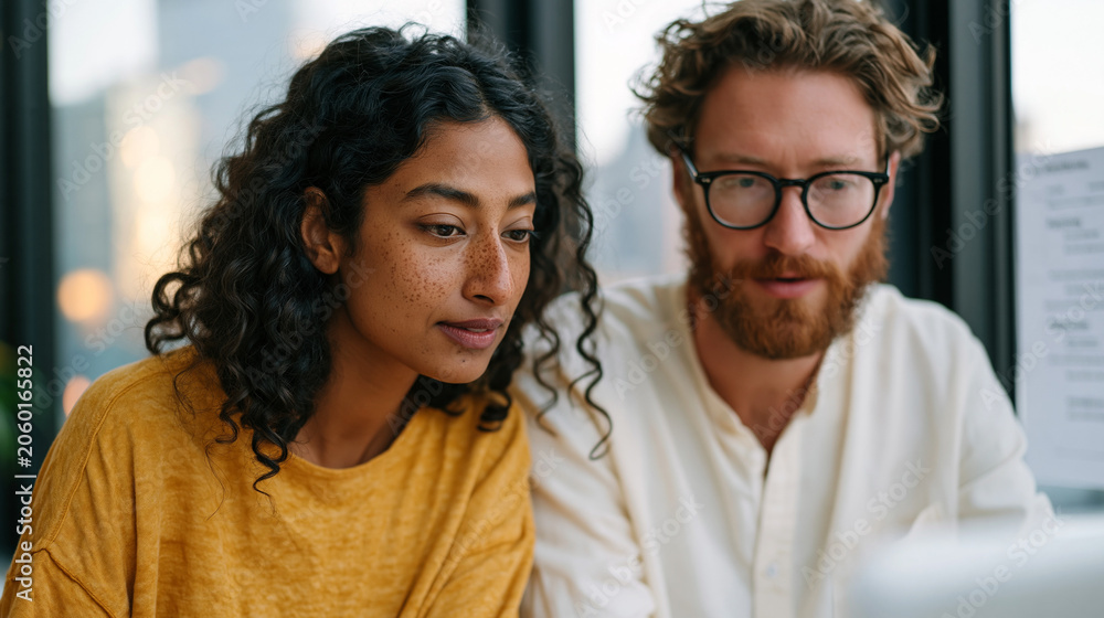 Fototapeta premium An Indian software engineer and her manager review her H1B petition status on a company portal in a shared workspace, both studying the screen carefully, a petition timeline