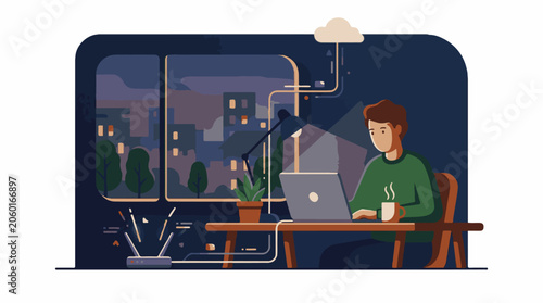 A man in green shirt works on laptop at desk with city view