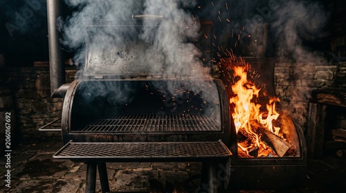 Offset smoker grill with burning wood fire and smoke at night