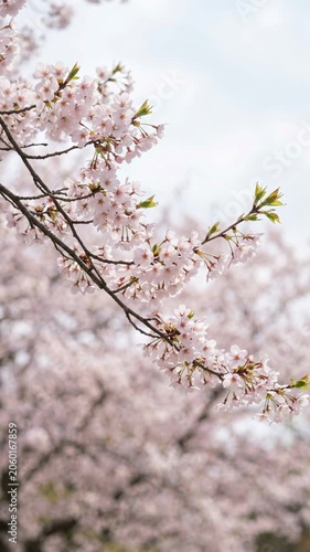 Delicate cherry blossoms blooming against a soft spring sky. Seasonal nature beauty, renewal and floral landscape concept.