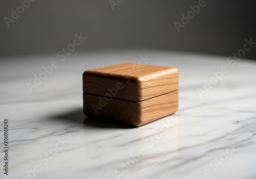 Elegant small wooden jewelry box on white marble surface with soft lighting