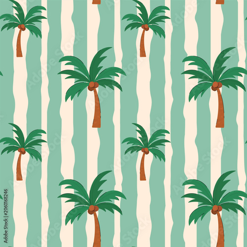 Retro Palm Tree Vector Seamless Pattern. Flat hand drawn palm tropical trees on striped background. Hawaiian beach pattern for summer vintage print design. 