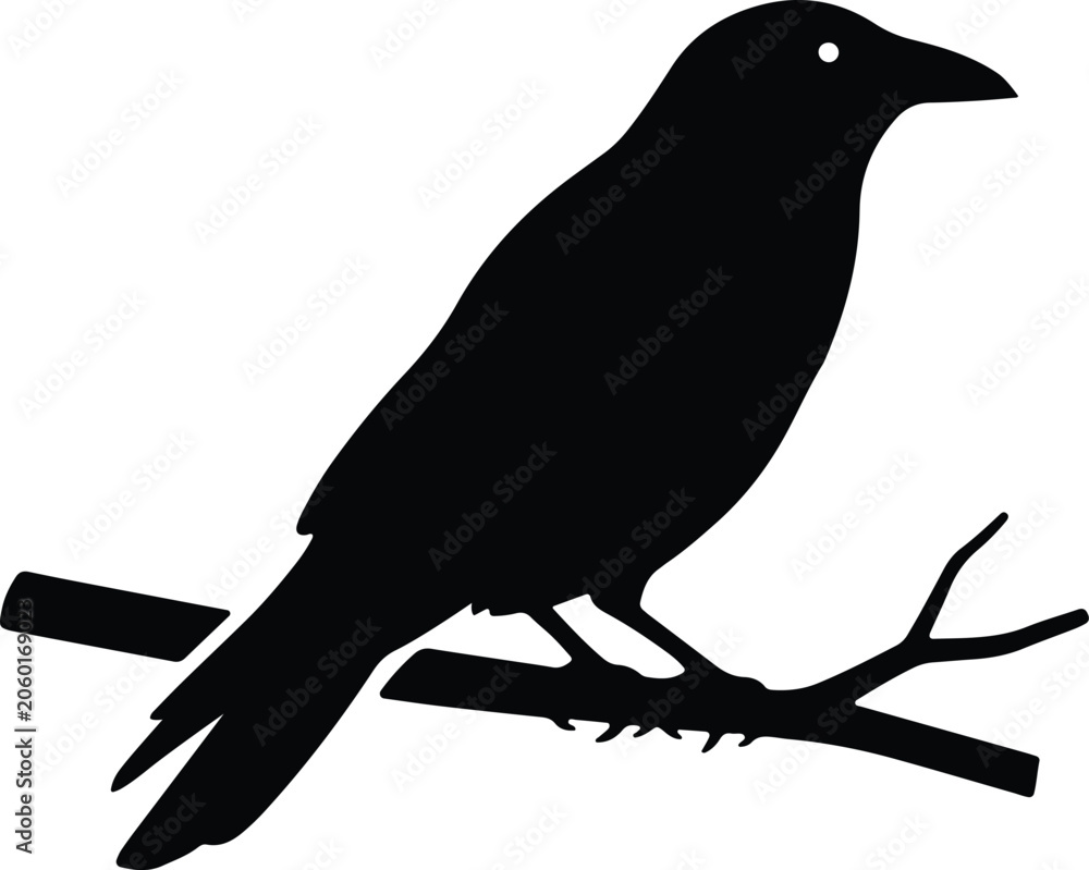 Fototapeta premium Minimalist black silhouette of a crow perched on a branch