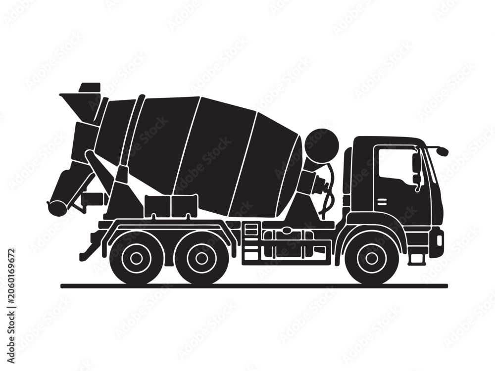 Fototapeta premium Concrete mixer truck silhouette side view construction transport vehicle icon