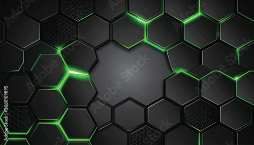 Black hexagons with green neon outline.