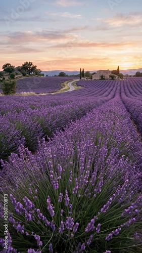 Lavender fields stretching across the countryside at sunset. Agricultural landscape, summer travel destination and natural beauty concept.