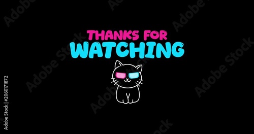 Line art vector animation of a cat wearing 3D glasses with animated text 