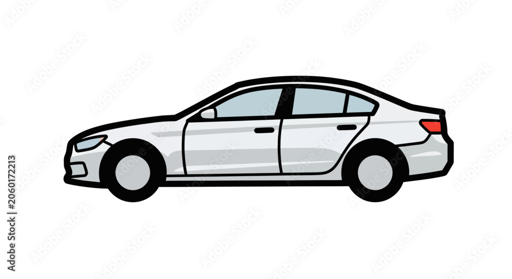 Obraz premium Simple flat vector illustration of a silver sedan car viewed from the side profile for transportation design