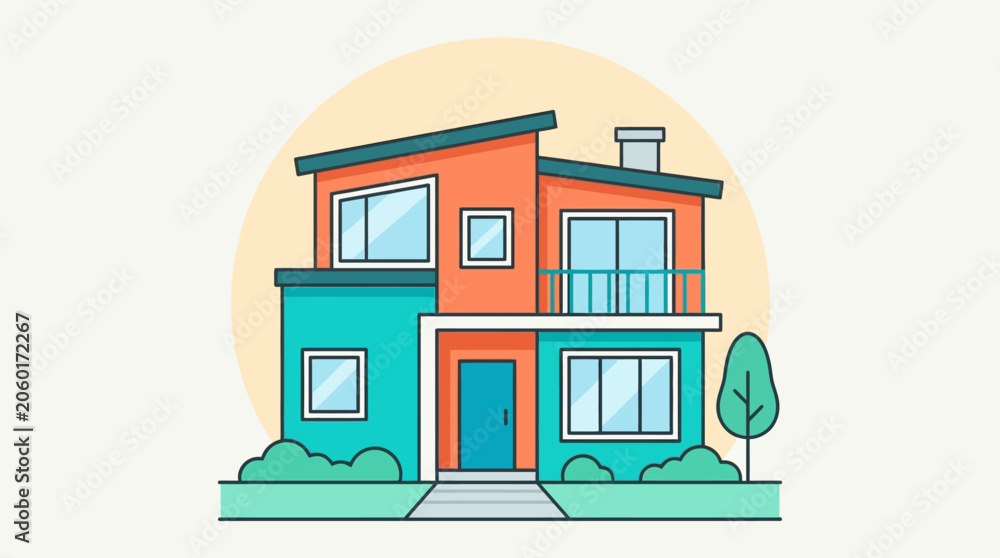 Obraz premium Modern colorful two story house illustration with balcony and small tree in a friendly suburban setting