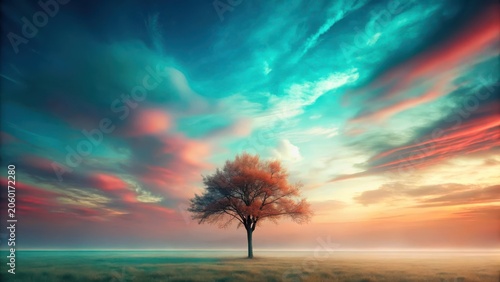 Solitary Tree in a Dreamlike Sunset Landscape with Vibrant Hues and Misty Field