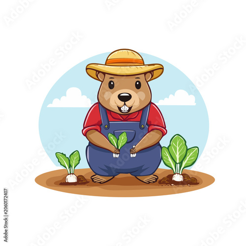 Cartoon farmer holding carrot in field