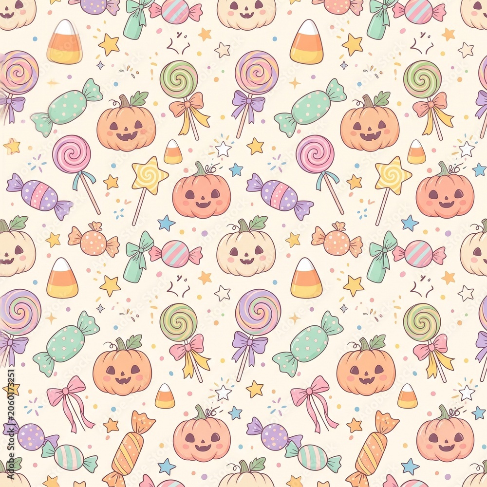 Fototapeta premium seamless repeating pattern with candy corn, lollipops, wrapped sweets, pumpkins and stars, pastel Halloween palette