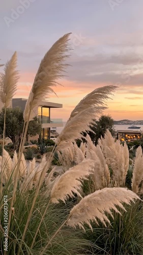 Pampas grass glowing in warm sunset light near a coastal landscape. Natural decor, lifestyle and seasonal beauty concept.