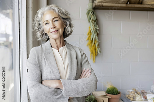 A portrait of an elegant senior woman in her modern home