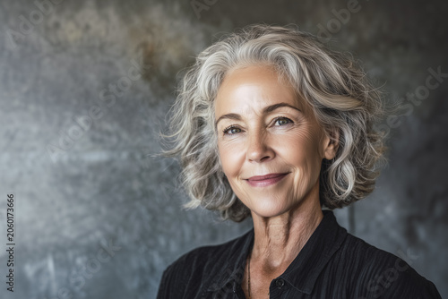 Senior caucasian woman portrait with natural gray hair and calm expression