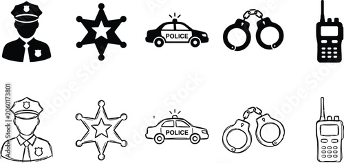 Obraz na plátně Law enforcement and police duty icon collection featuring officers, badges, patrol elements, and security symbols in solid, outline, and hand-drawn sketch styles