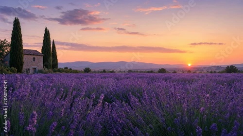 Lavender fields stretching across the countryside at sunset. Summer travel destination, floral landscape and agricultural beauty concept.