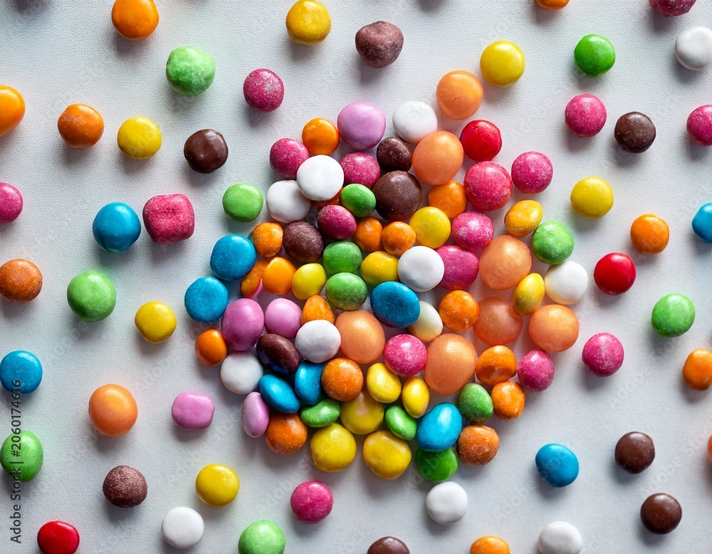 Obraz premium small candies on a light background texture for background wallpaper poster banner card view from above