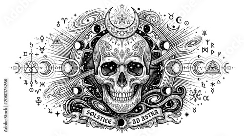Foto Mystical skull with celestial elements and occult symbols
