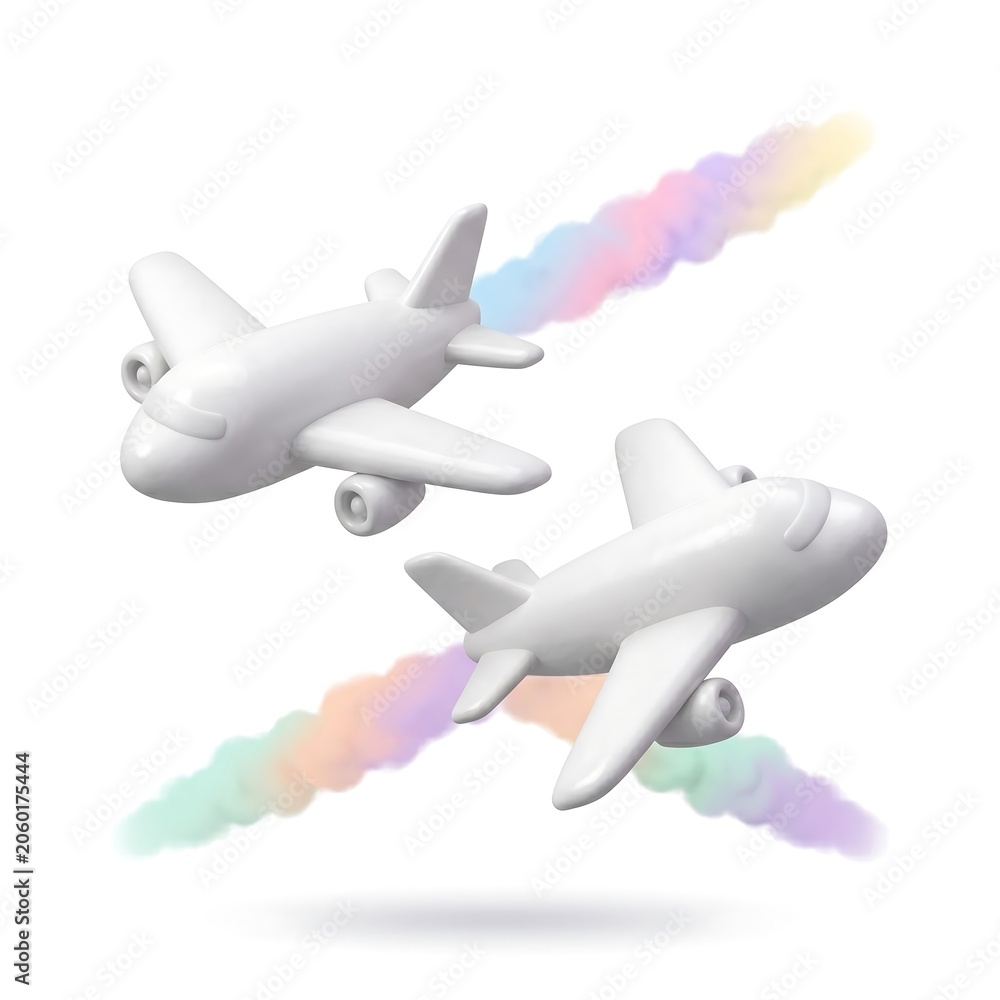 Naklejka premium Minimalist 3D render of two white passenger airplanes with pastel rainbow contrails isolated on white