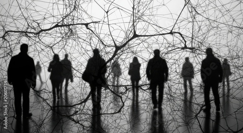 Silhouettes of people walking through a surreal, abstract, dark, and moody forest