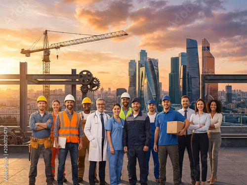 United diverse skilled professionals from various industries on a modern city rooftop at sunset, symbolizing collaborative effort, urban development, and a strong workforce