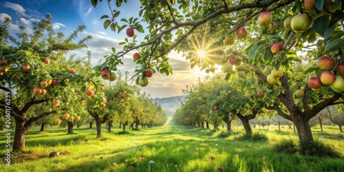 Sunlit Orchard Rows of Fruit Trees Abundant with Ripe Apples at Sunset