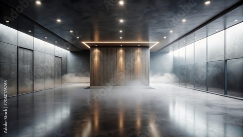 Modern Minimalist Interior Design A Spacious Hallway with Concrete Walls, Glass Panels, and a Wooden Feature Wall, Bathed in Soft Ambient Lighting and Subtle Fog