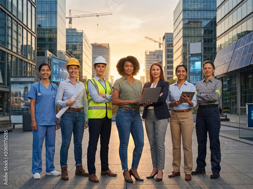 Diverse Group of Professional Women Representing Various Essential Careers Standing Together in a Modern Urban Business District